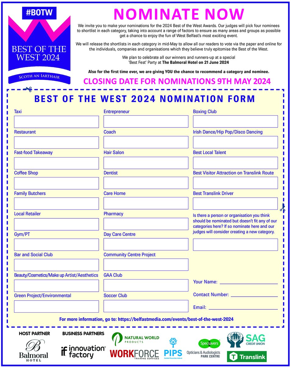 NOMINATIONS ARE NOW LIVE : We are calling for nominations for the 2024 Best of the West Awards. 🎉 Nominate enterprising small businesses, vibrant sports bodies and diverse community organisations— all of which are deserving of praise. irishecho.wufoo.com/forms/w1s834a3…