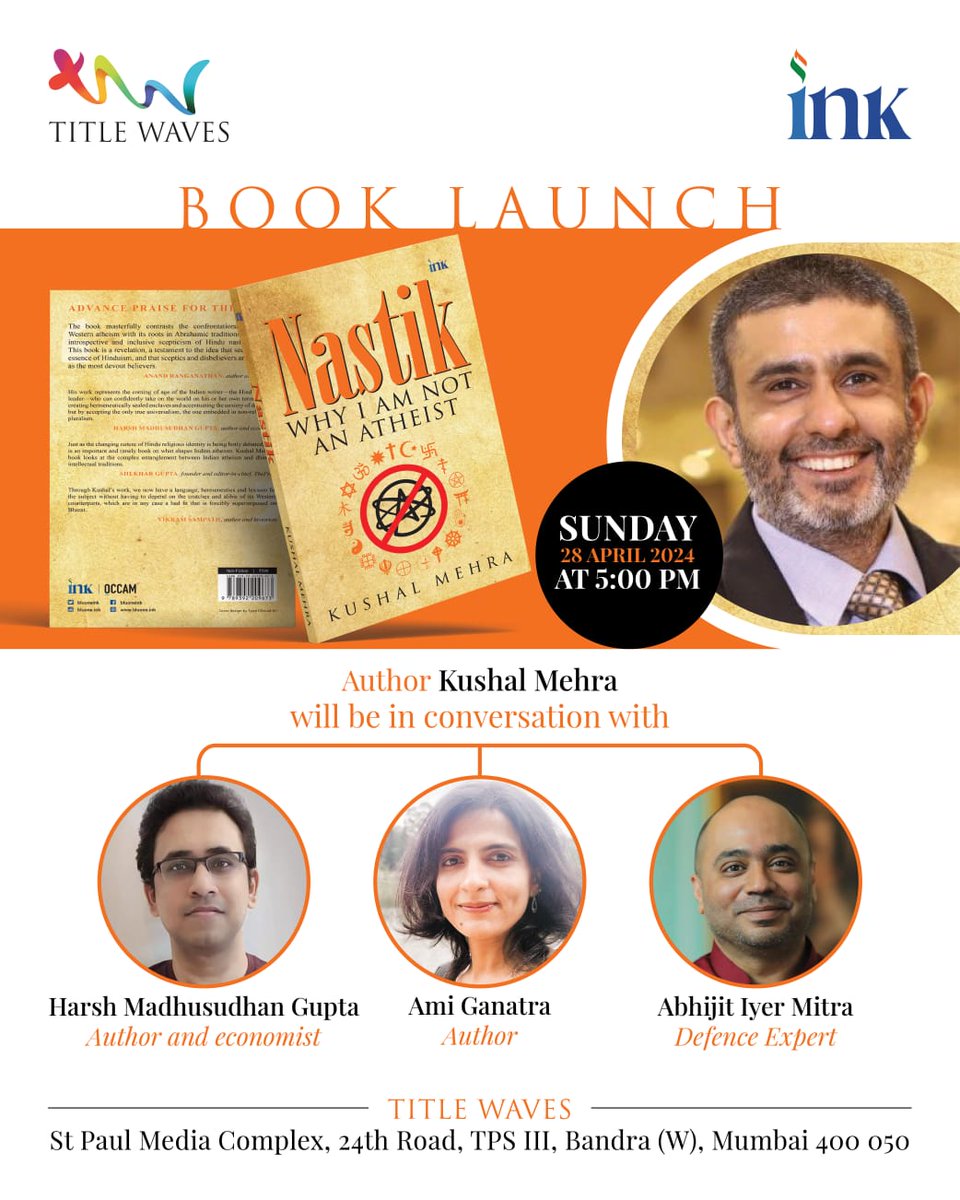 Just a reminder for everyone in Mumbai. This Sunday, April 28th, at 5 pm IST, Title Waves Bandra West @harshmadhusudan @6amiji and the one and only @Iyervval (yes Abhijit is also coming) will be together for my book launch. I look forward to this chat with three friends who've…