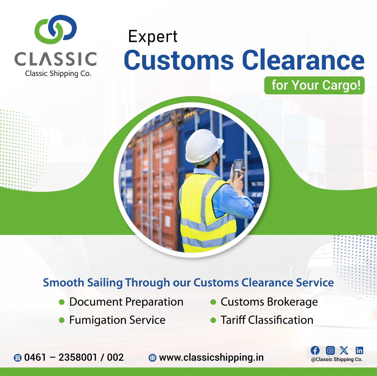 🚢  Expert Customs Clearance for Your Cargo! 🛃

 🌊  Smooth sailing through our customs clearance service! 

📞 0461-2358001,  0461-2358002  
 🌐  classicshipping.in 

#CustomsClearance #ShippingServices #Logistics #CargoHandling #CustomsBrokerage #ImportExport