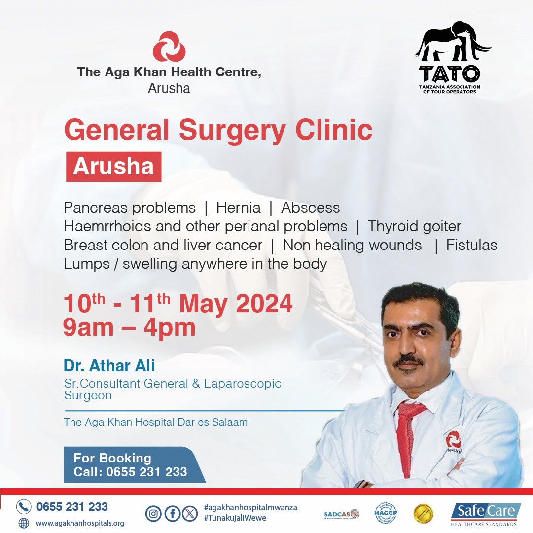 Dr. Ali Akber Zehri, Senior Consultant Urologist and Dr. Athar Ali, Consultant General and Laparoscopic Surgeon are coming to the Aga Khan Health Center, Arusha from May 10th-11th, 2024 from 3am to 10pm. Book an appointment now via 0655 231 233. #agakhanhospitaldsm #arusha