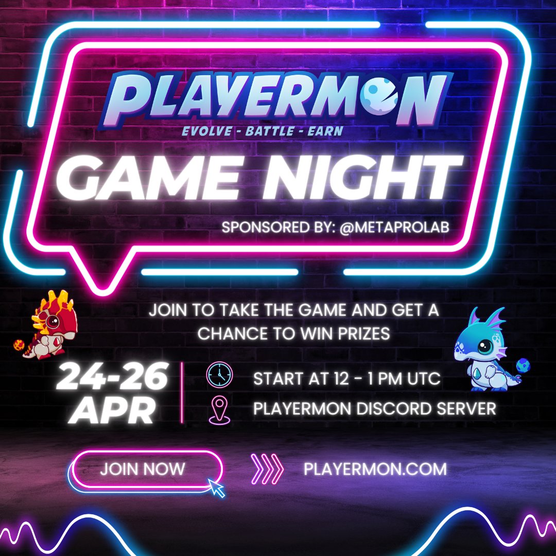 🎮 Join the ultimate showdown at the @metaproapp X Playermon Game Night! Evolve and Battle with your Playermon NFTs! Follow @metaproapp & @playermons RT and Tag 3 friends! 🔁 Registration and Participation: - Players interested in participating must join the Playermon Discord