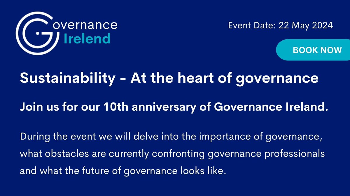 Excited for the 10th year of Governance Ireland 2024! Join us as we explore ‘Sustainability – At the heart of governance.’ Don’t miss out and book your ticket now: buff.ly/4csYcJh #CGIUKI #GovernanceIreland2024 #Governance #Sustainability #CGIUKIEvent