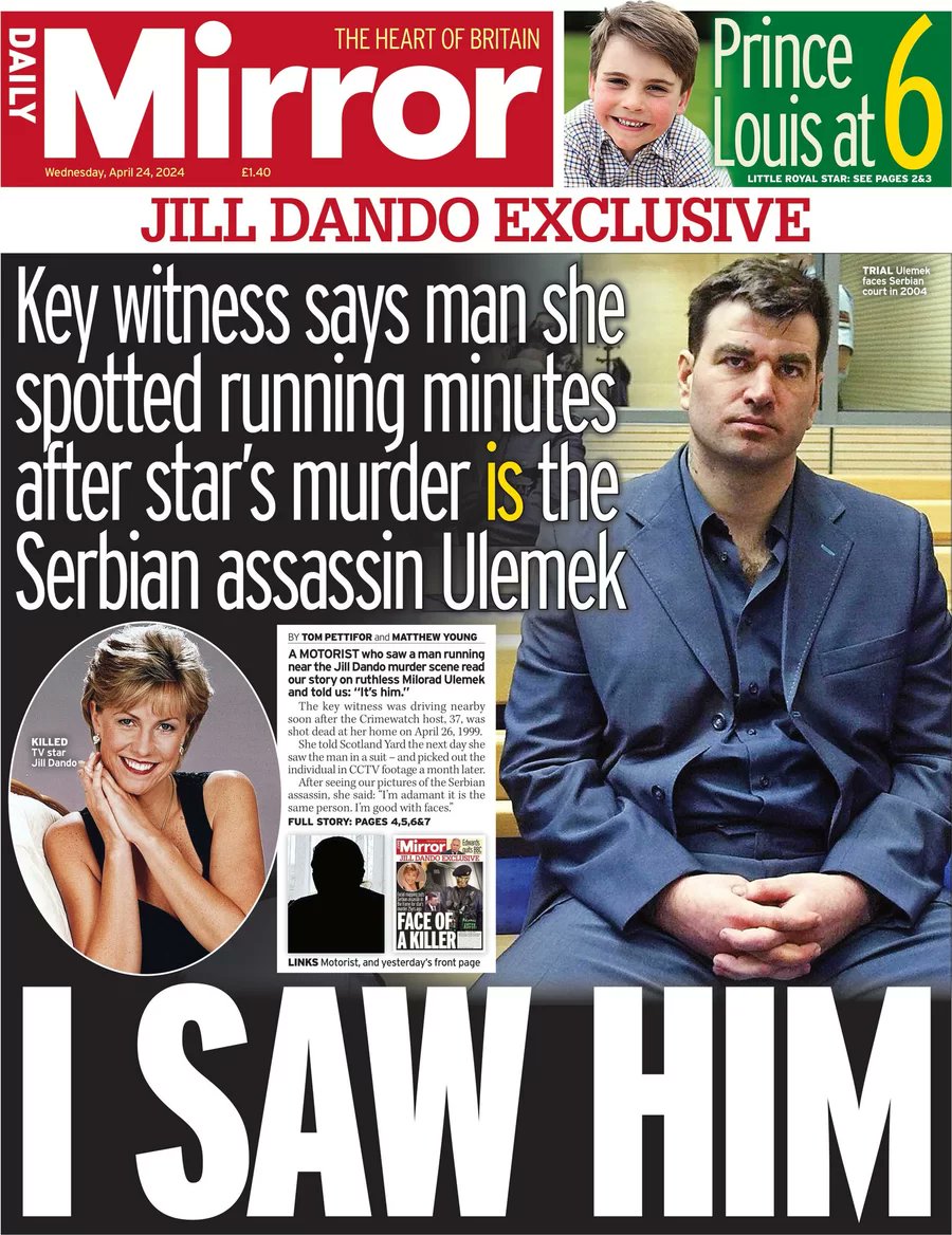 Daily Mirror - Jill Dando exclusive: I saw him 

#News_Briefing #The_Daily_Mirror #UK_Papers 

wtxnews.com/jill-dando-exc…