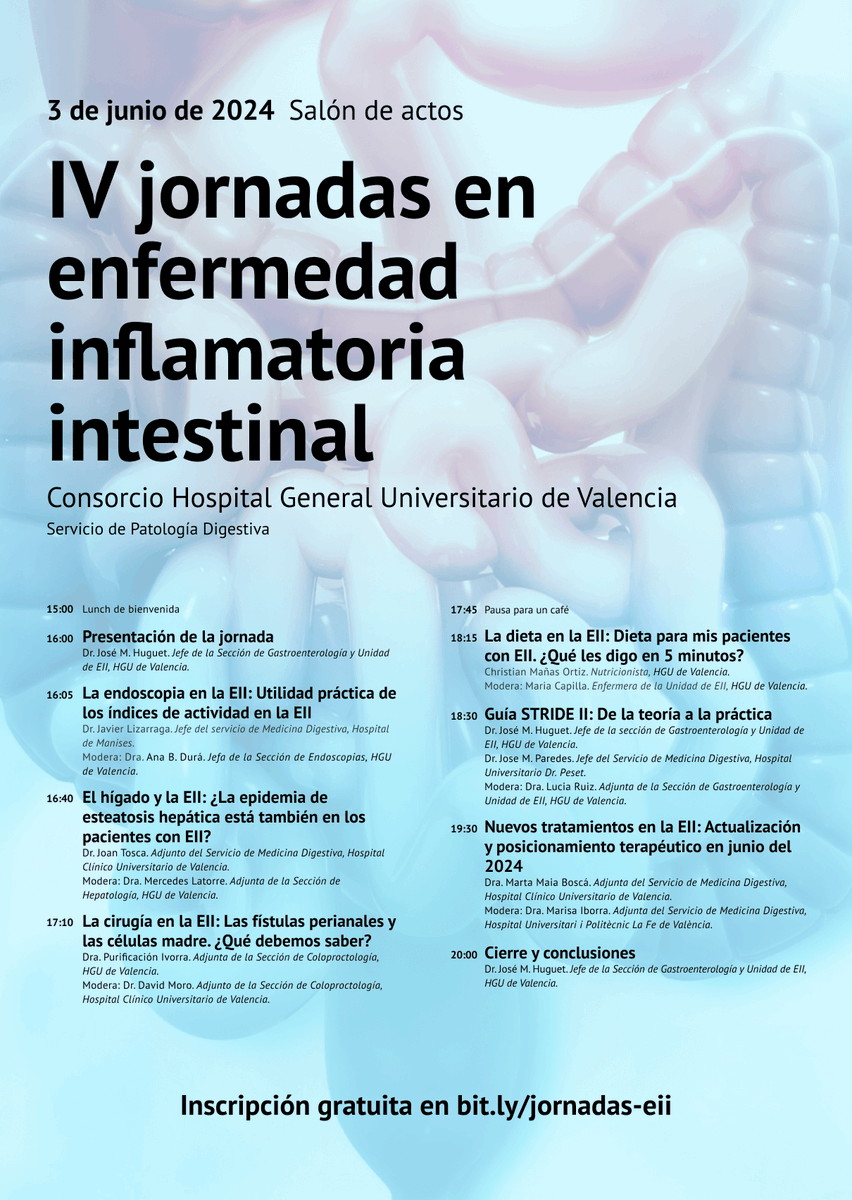 ⚠️Dirigido al personal sanitario⚠️
Como todos los años nos complace invitaros a nuestras  IV Jornadas en Enfermedad Inflamatoria Intestinal, el día 3 de junio en el Salón de Actos del <a href="/HGUVALENCIA/">HOSPITAL GENERAL</a> 
Inscripción gratuita: bit.ly/jornadas-eii