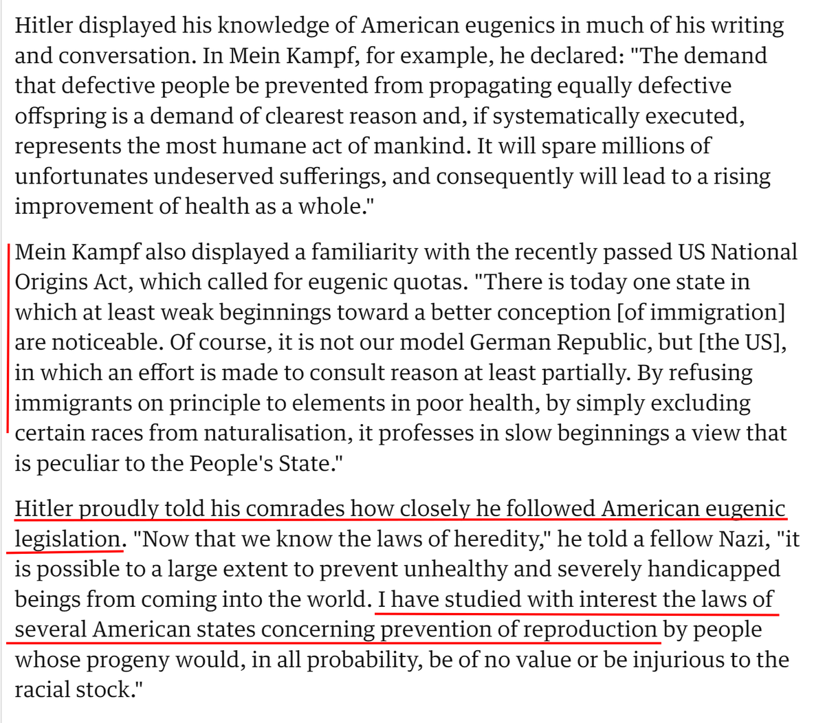 I've just come across @EdwinBlackBook and his studies on eugenics in the USA and Germany. This is a summary piece in The Guardian theguardian.com/uk/2004/feb/06… Hitler keenly studied AMERICAN 'SCIENTISTS' and laws during his stint in prison. The fan letter he wrote to Madison Grant