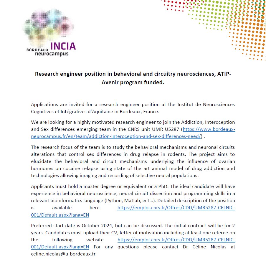 🚨 Job alert 🚨 We are looking for a research engineer to join the Addiction, Interoception and Sex differences emerging team @Neuro_Bordeaux, INCIA to work on the behavioral and circuits mechanisms of sex differences in drug relapse. More details here emploi.cnrs.fr/Offres/CDD/UMR…