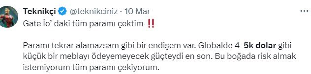 4-5 bin dolarıma bile el koyduklarında tası tarağı toplayıp kaçmıştım borsadan. 10 mart tarihinde de uyarımı yaptım. Benim param önemli değil ama milletin parasını verin @gate_io @Gate_Turkce