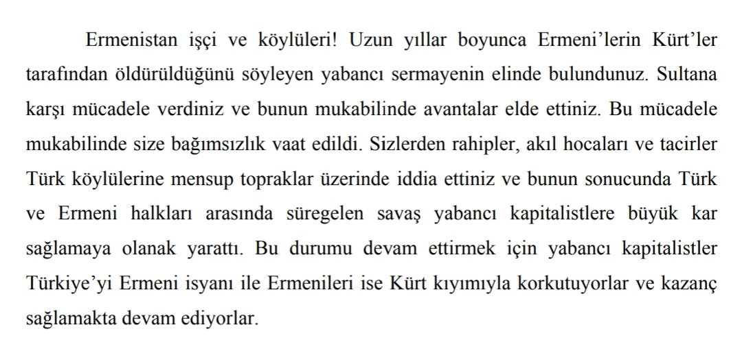 Komünist Enternasyonal'in Doğu Halkları Kurultayı'na çağrı için 15.08.1920'de 'İran, Ermenistan ve Türkiye'nin Köleleştirilmiş Halk Kitlelerine' başlığıyla yayınladığı metnin Ermenilere hitaben yazılmış kısmı: