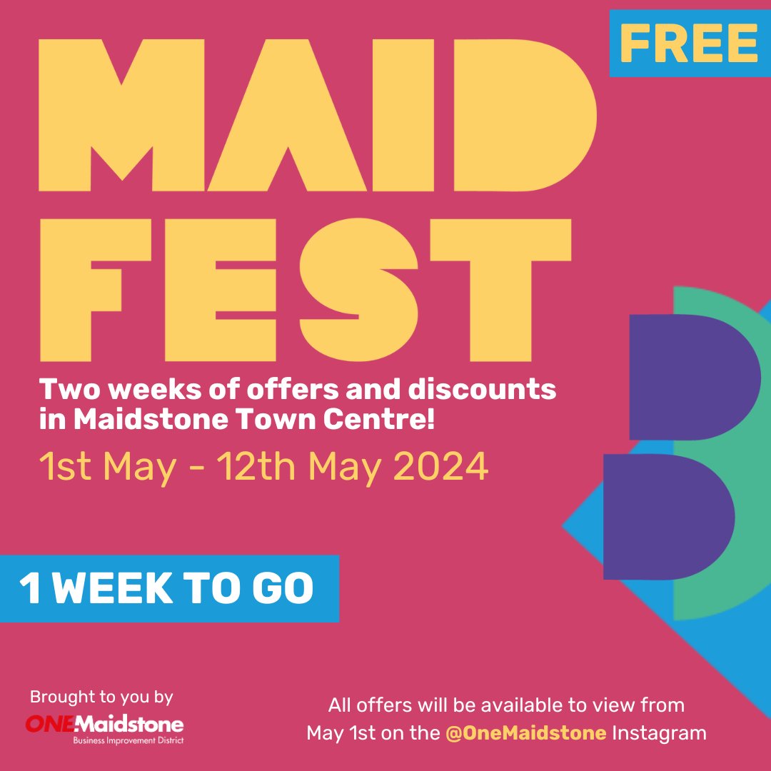 After the success of previous years, we're once again bringing MAIDFEST back to Maidstone! Two weeks of offers, discounts and goodies in Maidstone! ⭐️ Don't miss out on the offers available - set a reminder in your calendar to visit @onemaidstone on Instagram on May 1st ⭐️