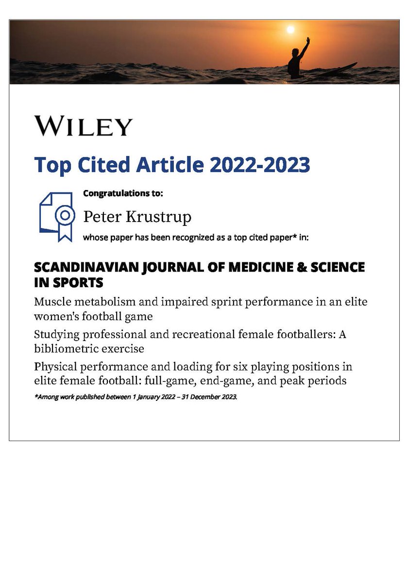 Good news! 3 of our articles received enough citations to be a top-10 #TopCitedArticle in ScandJMedSciSports, 2022-2023. Krustrup et al 2022. Muscle metabolism... Kirkendall & Krustrup 2022. Studying female footballers... Panduro et al 2022. Physical performance and loading...