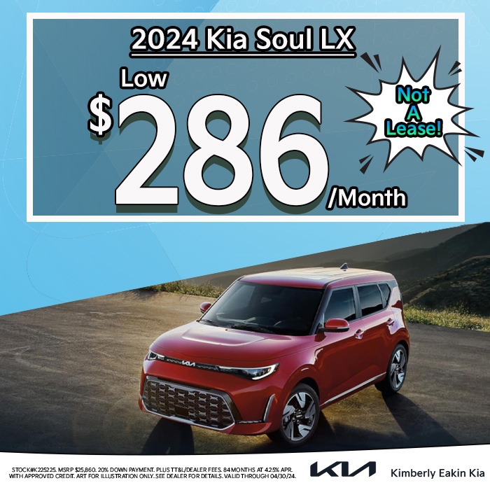 💥 Check out this INCREDIBLE DEAL!
Purchase a new 2024 #Kia #SoulLX for only $286 a month! 

At Kimberly Eakin Kia we make it easy!
🖥️ Shop Here: bit.ly/43MnNsC

#KimberlyEakinKia #LufkinTX #KiaDealership #NewKia 
#Cars #NewCar #NewCars #AffordableCars #NewRide