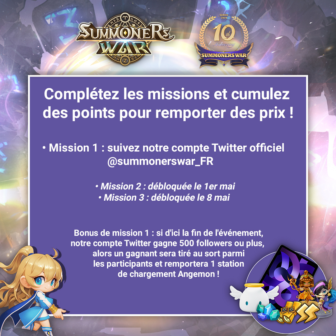 summonerswar_FR's tweet image. Célébrons le 10e anniversaire avec un nouvel événement d'ascension !

Jusqu'au 14 mai, complétez nos missions pour remporter de jolies récompenses, dont 1 iPad Air !

Plus d'infos en images.

👉Participez ici : gleam.io/GbpET/evenemen…