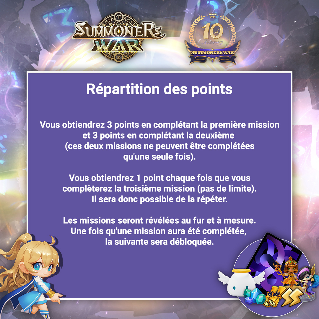 summonerswar_FR's tweet image. Célébrons le 10e anniversaire avec un nouvel événement d'ascension !

Jusqu'au 14 mai, complétez nos missions pour remporter de jolies récompenses, dont 1 iPad Air !

Plus d'infos en images.

👉Participez ici : gleam.io/GbpET/evenemen…