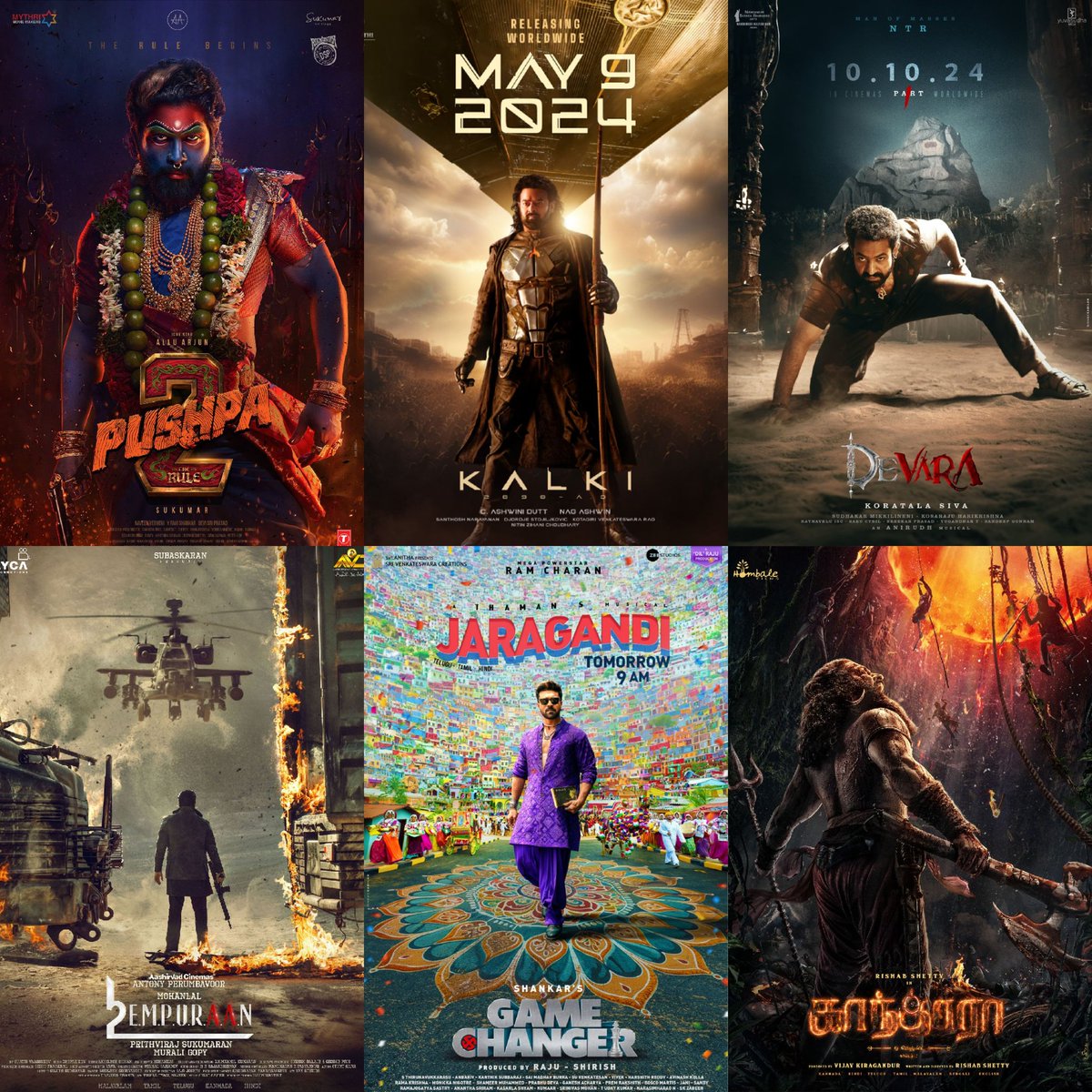 UPCOMING PAN-INDIAN MOVIES OF 2024

#Kalki2898AD #Prabhas 
#Pushpa2TheRule #AlluArjun
#Devara #JrNTR 
#GameChanger #RamCharan
#KantaraTheLegend #RishabShetty
#Empuraan #Mohanlal