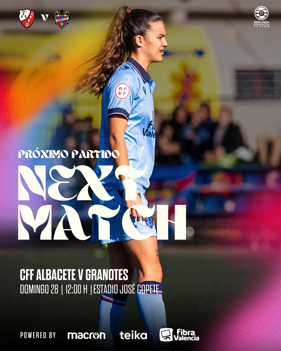 NEXT MATCH | #LevanteUDFemeninoB 

🗓️ Domingo 28 
🆚 @cffalbacete
⏱️ 12:00 horas 
🏟️ Estadio José Copete 

#OrgullGranota