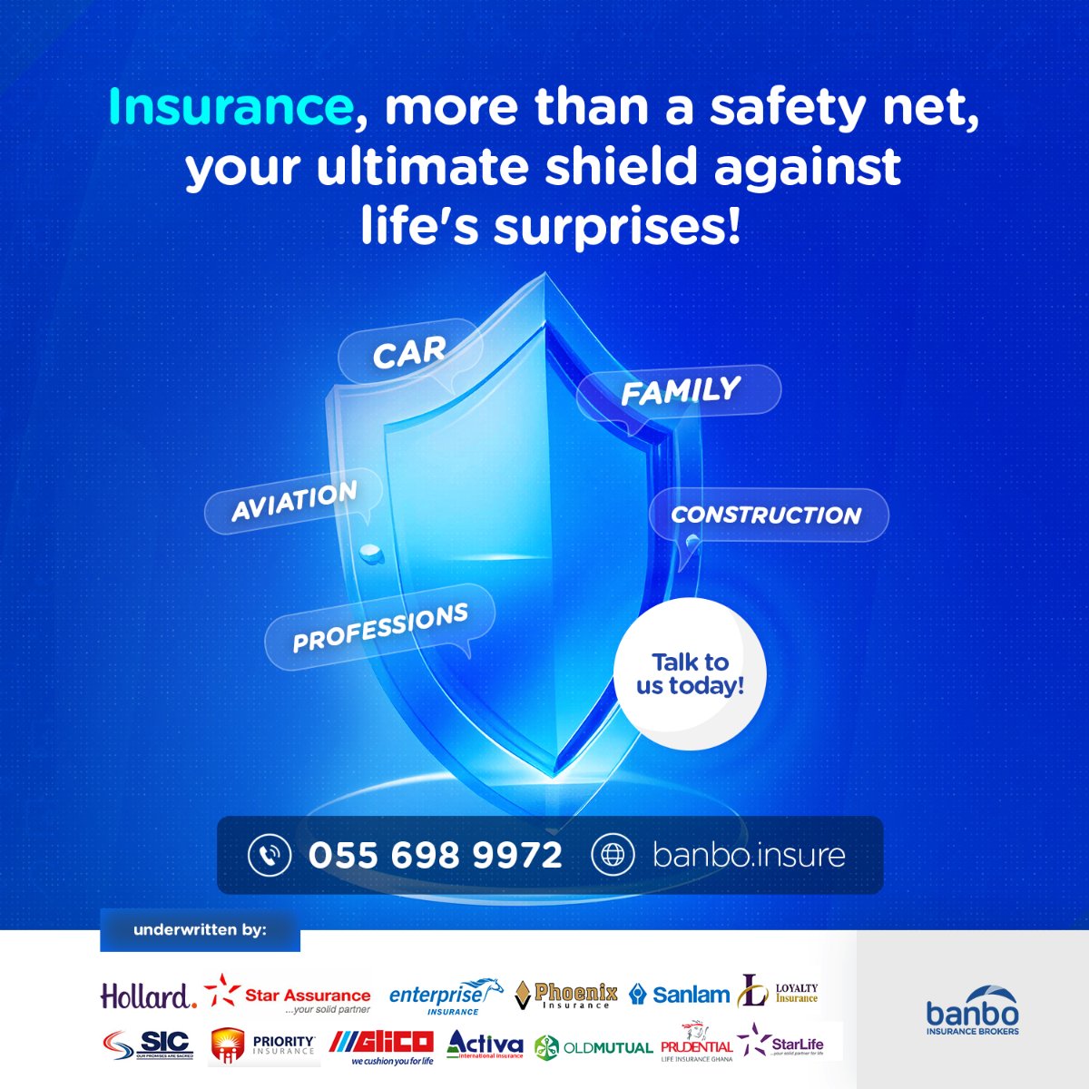 Insurance serves as your protection against life’s uncertainties.

Ready to Get Covered? Let's Chat!

#ChooseBanbo #WeGiveUMore #InsuranceGhana #Insurance #InsuranceBrokersGh #InsuranceBrokers #InsuranceAdvisor #MoreThanInsurance #InsuranceTechnology #InsurTech
