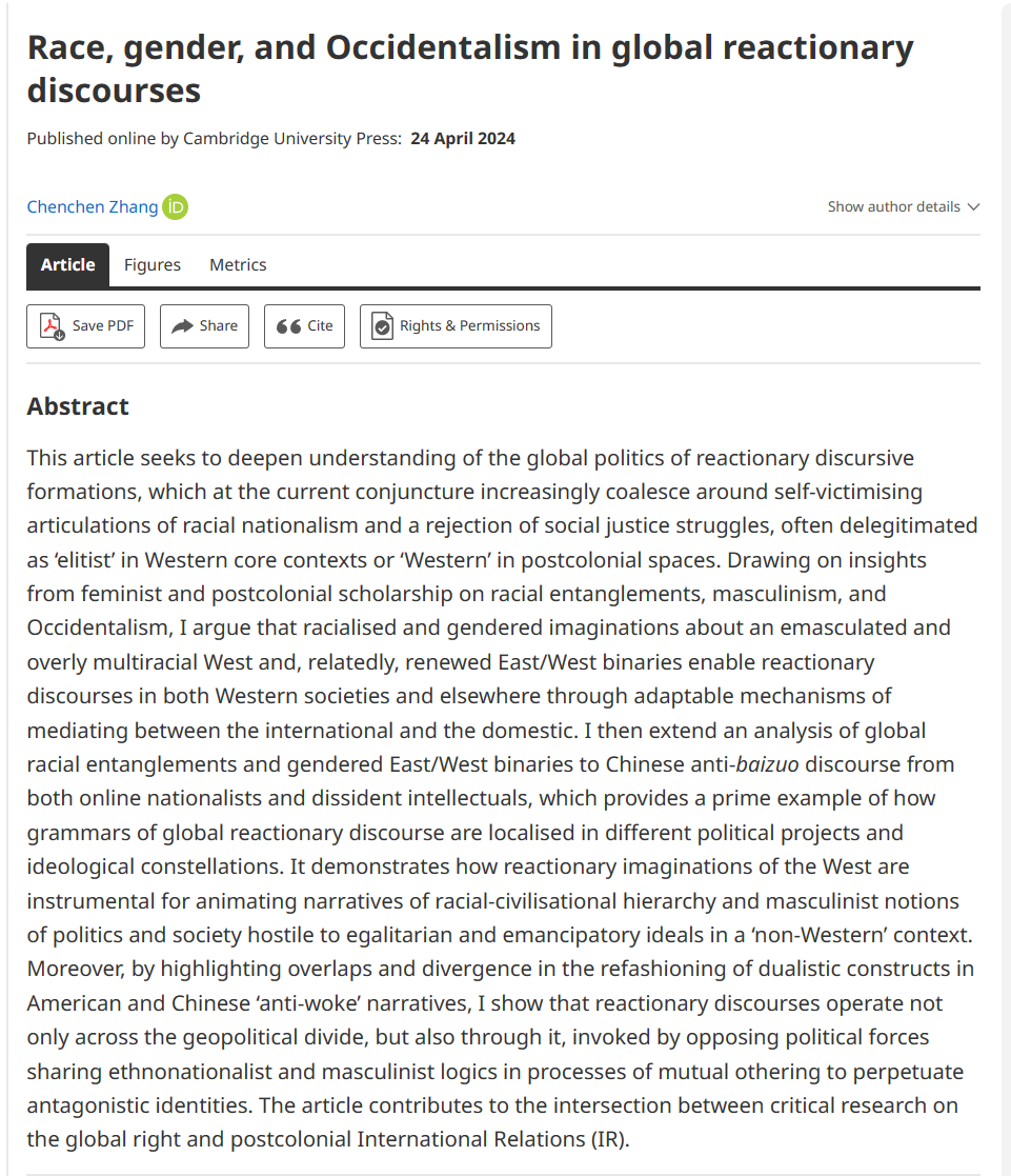 this took a long time. I'm so happy to share my latest paper in <a href="/RISjnl/">RIS</a>, looking at racial entanglement, masculinism, and gendered East/West binaries in global reactionary discourse (via another look at Chinese anti-baizuo discourse).
cambridge.org/core/journals/…