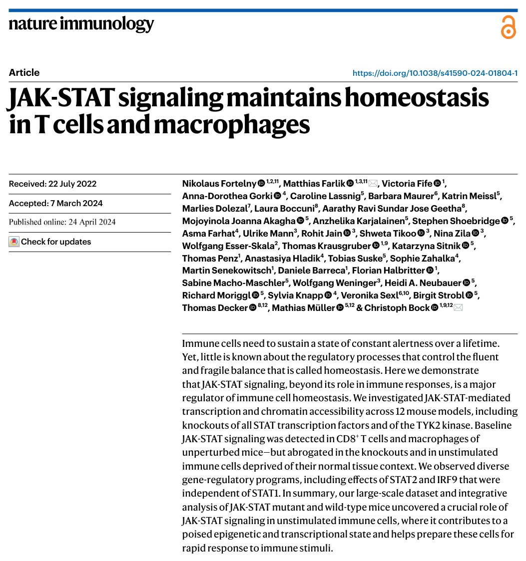 BockLab's tweet photo. Full story at @NatImmunol: https://t.co/P92IFUFnId (#OpenAccess). Joint work with Vienna JAK-STAT consortium led by M. Müller (@VetmeduniVienna) & T. Decker (@MaxPerutzLabs). Analysis led by @Nik_fortelny (now PI @PLUS_1622). Experiments led by @MFarlik (now PI at @MedUni_Wien). https://t.co/PNHE5HFEXR