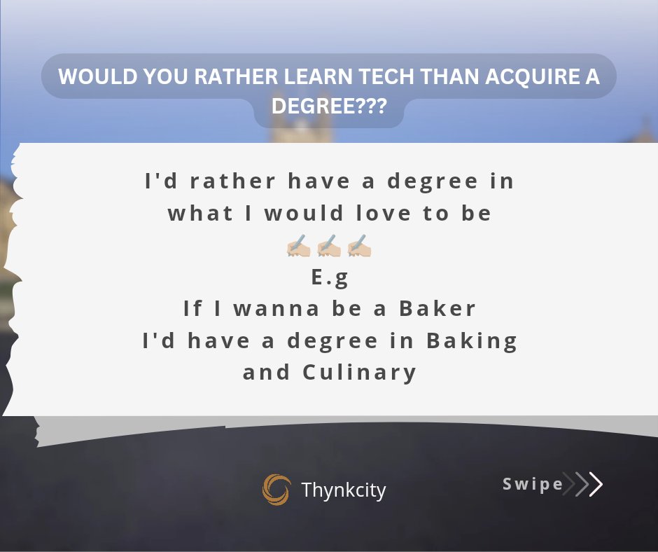 thynkcity's tweet photo. Would you rather learn tech than acquire a degree???
Engage with us💅🏽
#wednesdaytalk #polls #techbro #techinfo #techupdate #engagementpost #explore #explorepage #questionnaire #thynkcitycommunity https://t.co/8XqpwUCNVc