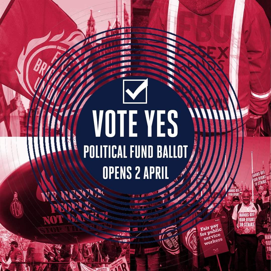 ⏰Last chance to vote in the FBU political fund ballot 💪Pay, pensions, cuts - it's all political. Many of the campaigns we’ve fought and won have only been possible because of the political fund. ✅Vote YES and get your ballot in the post today to be counted