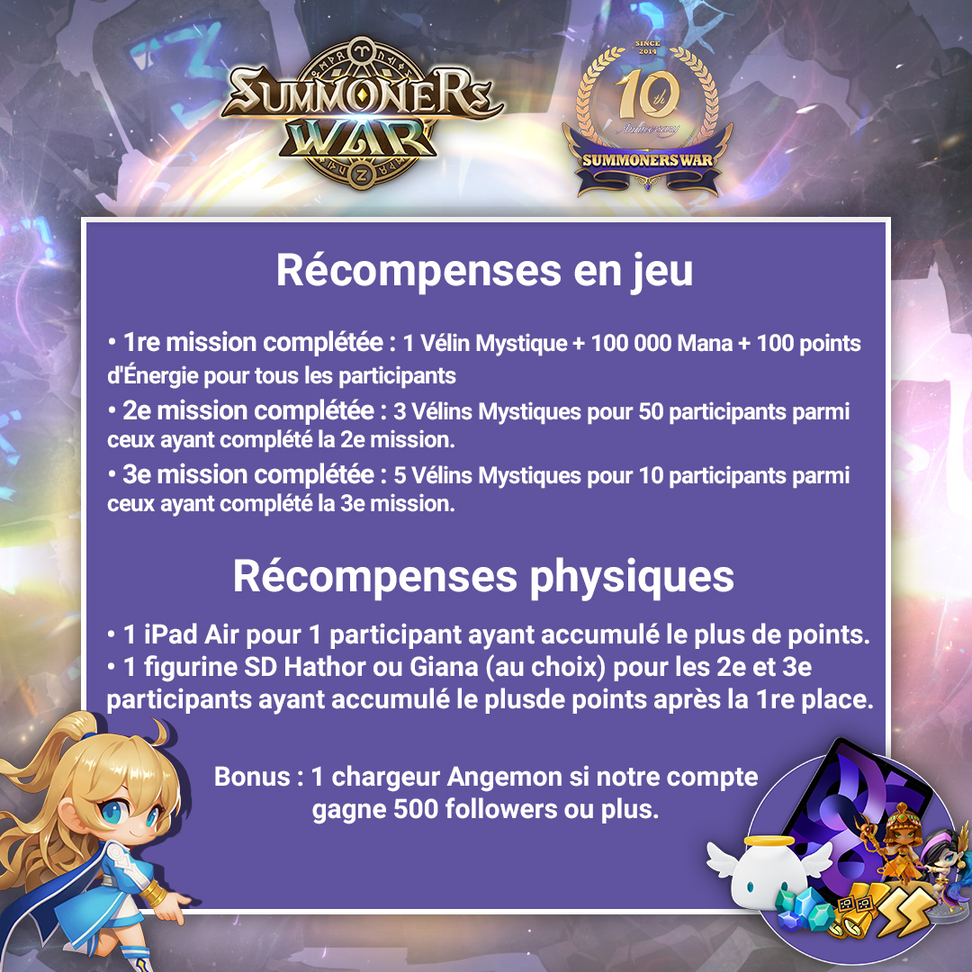 summonerswar_FR's tweet image. Célébrons le 10e anniversaire avec un nouvel événement d'ascension !

Jusqu'au 14 mai, complétez nos missions pour remporter de jolies récompenses, dont 1 iPad Air !

Plus d'infos en images.

👉Participez ici : gleam.io/GbpET/evenemen…