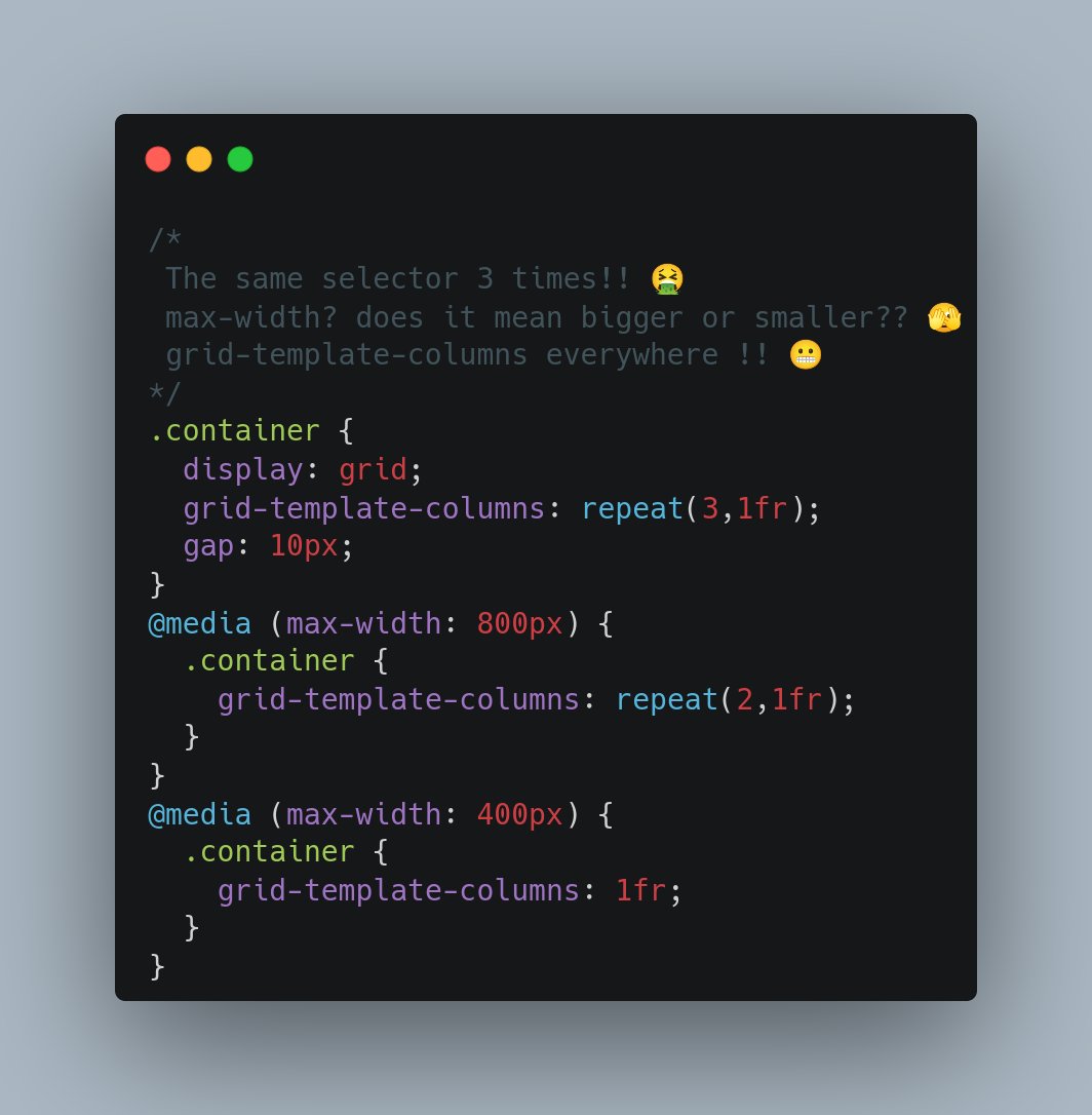 ChallengesCss's tweet photo. 💡 CSS Tip!

Use Modern CSS to write Better CSS! A lot of new features can help you optimize your code and reduce redundancy.
✅ CSS Nesting
✅ CSS Variables
✅ Media Query range features

                  ⬇️ Old Code                                           New Code ⬇️ https://t.co/v2QExbnd0M