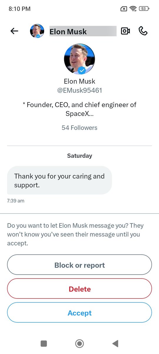 Blue Tick ✅ account of @elonmusk (?) DMed me, but I still don't intend to follow him.

#justathought