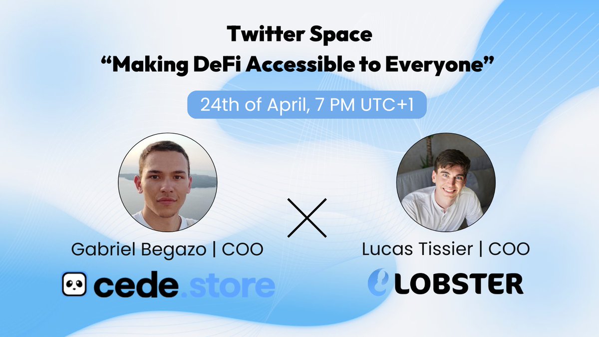 Reminder! 🚨 We have a Space today with @NeutralLucas the Lobster COO and @GabrielBegazo_ the @cedelabs COO. They will talk about their respective project, our integration, and what is needed to attract the next billion users into DeFi! twitter.com/i/spaces/1yoKM…