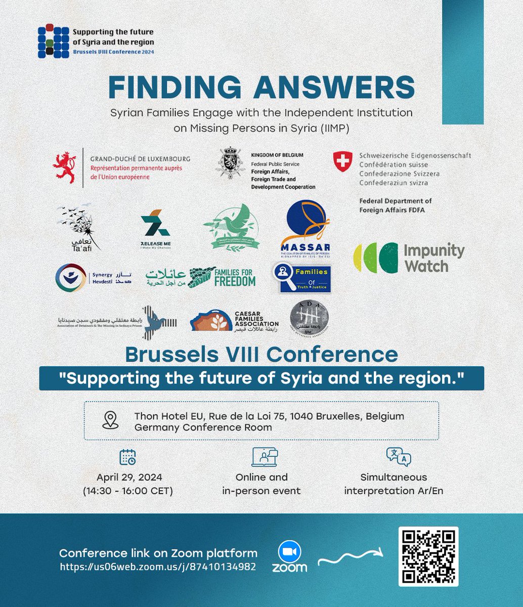 Hear directly from families and #survivors on the issue of the #missing in #Syria at this side event of the Brussels VIII Conference: 📅Mon, Apr 29 (14:30-16:00 CET) 🔗Join us online: bit.ly/3UeBQTo 🗣️ Arabic and English, with simultaneous interpretation