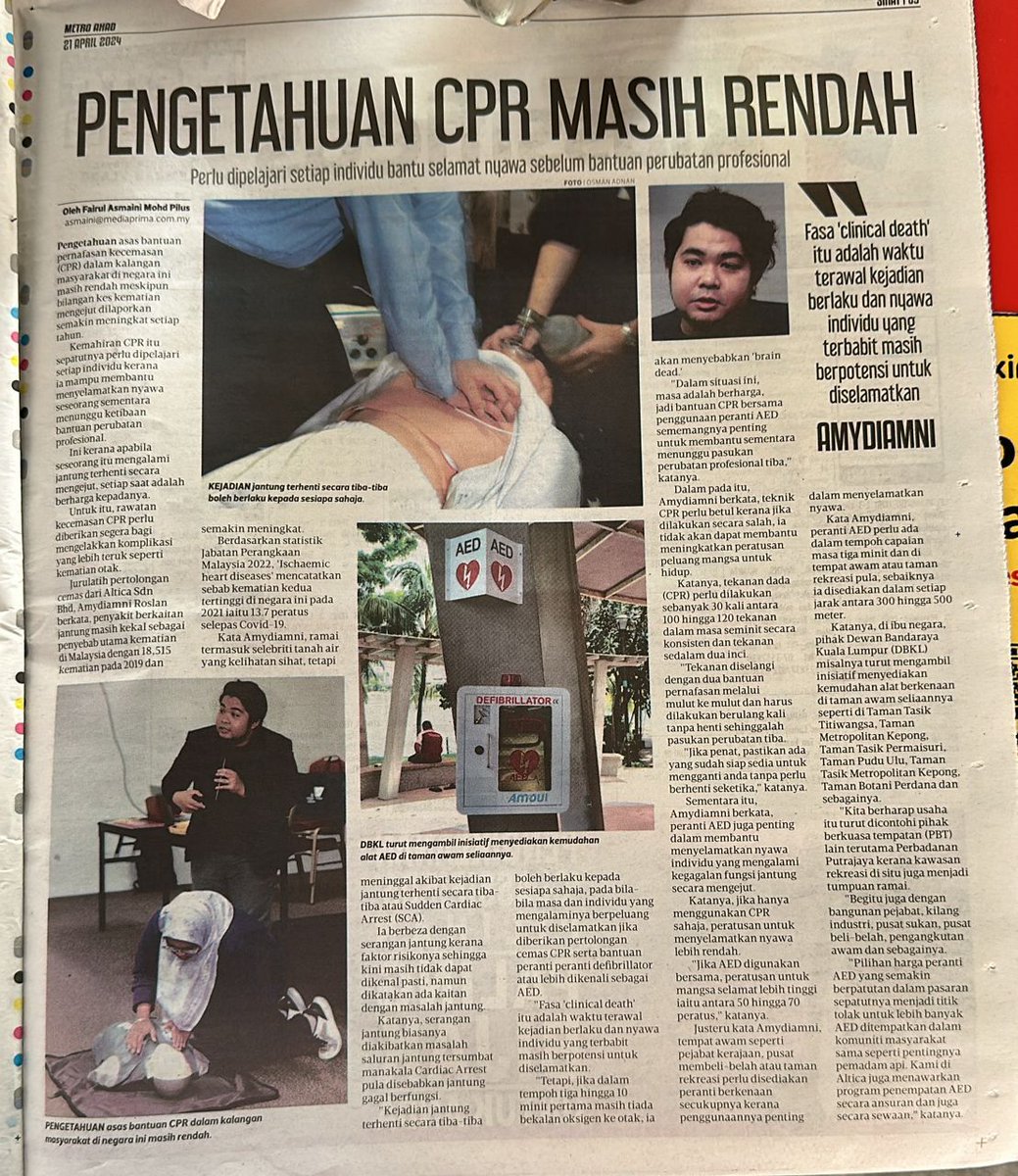 The Malaysian daily newspaper Harian Metro has reported on the issue of inadequate knowledge of CPR and emphasized the significance of providing #CPR training and the availability of #AEDs in public areas. 🫶

Pengetahuan CPR masih rendah | @hmetromy  hmetro.com.my/sihat/2024/04/…