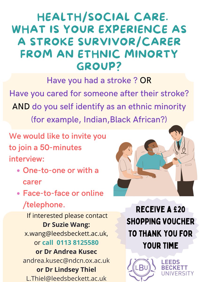 Researchers are looking for anyone of an ethnic minority background who has had a stroke or are a carer of someone living with a stroke. They are exploring the experiences of stroke survivors and caregivers from minoritized ethnicities in health and social care services. #Stroke