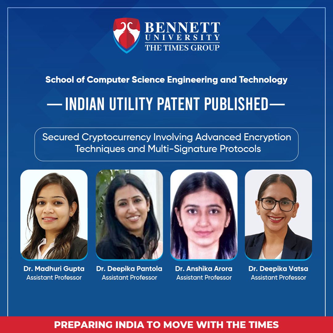 Congratulations to Dr. Madhuri Gupta, Dr. Deepika Pantola, Dr. Anshika Arora, and Dr. Deepika Vatsa (Assistant Professors #scsetbennett) for publishing the Indian utility patent.
#bennettuniversity #FacultyatBU #research #patent #realtime