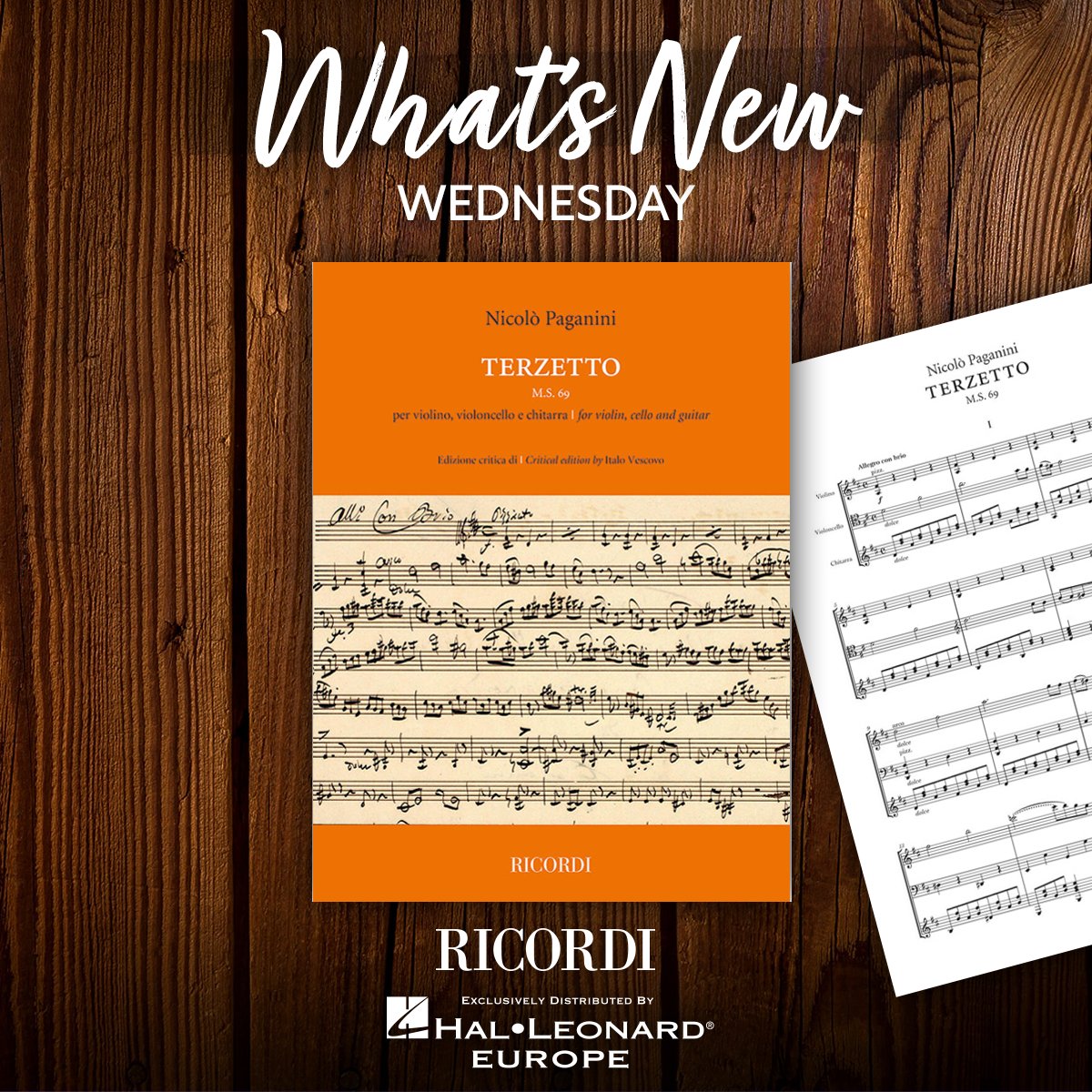 Our #WhatsNewWednesday this week is Ricordi’s latest critical edition of Paganini’s Terzetto for violin, cello and guitar! 

Click on the image description to learn more about this new work. Now available online and in your local music store.