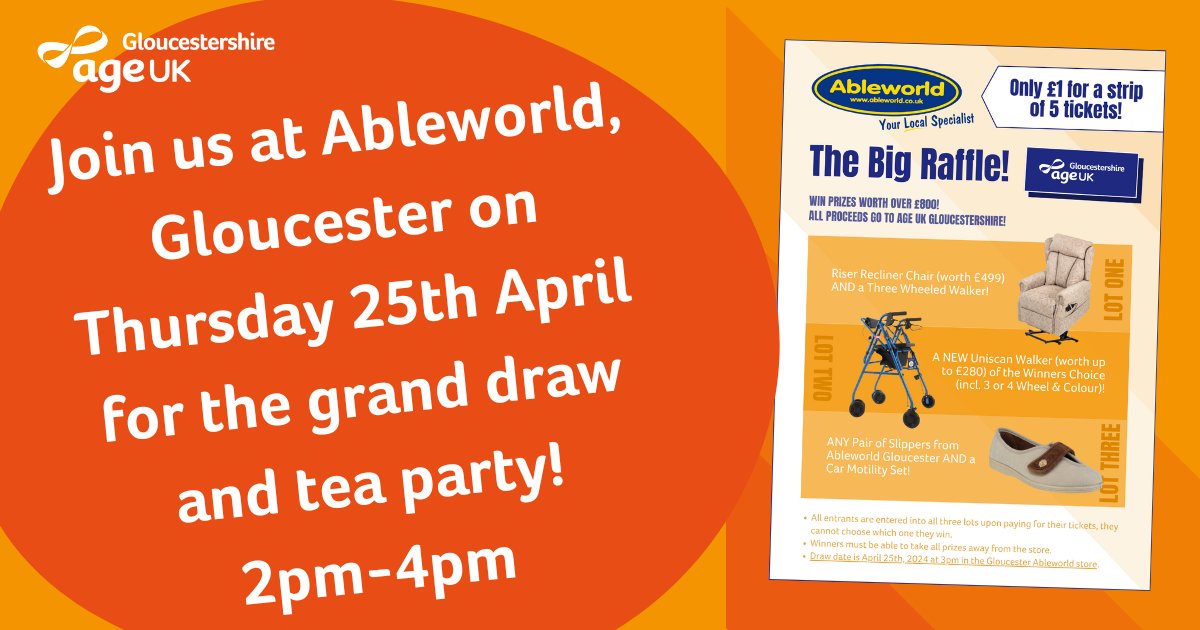 Let's find out who the lucky winners are! Enjoy complimentary tea and cake 🍰 and our Help Team will be there offering support and advice about later life. Big thanks to @AbleworldGloucester for donating all raffle proceeds to us your support is really appreciated.