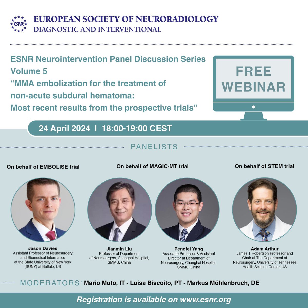 TODAY! ESNR Neurointervention Panel Discussion Series Volume 5: “MMA embolization for the treatment of non-acute subdural hematoma: Most recent results from the prospective trials” 📅 24 April 2024 🕐 18:00-19:00 CEST Free registration and info here: esnr.org/event-details/…