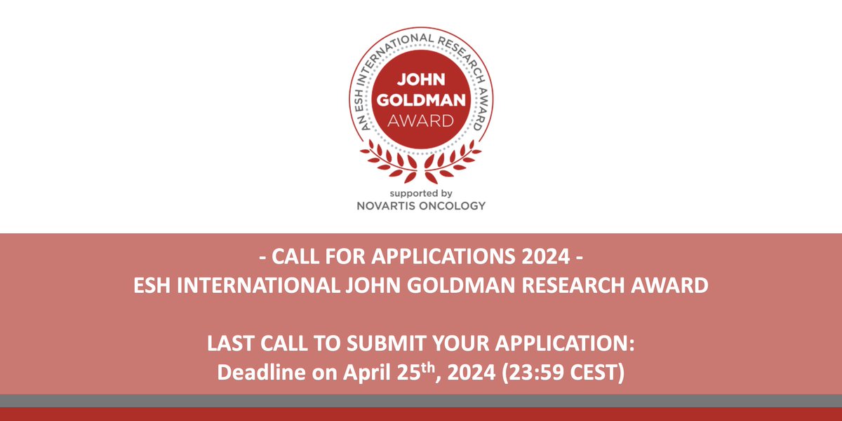 ⏰ LAST CALL TO SUBMIT YOUR APPLICATION for the ESH 5th International John Goldman Research Award Proceed now ➡ bit.ly/35DnsOU Deadline tomorrow on April 25th (23:59 CEST) Fund your research project with a focus on MRD in CML and Related Diseases! #HAEMATOLOGY #ESHJGA