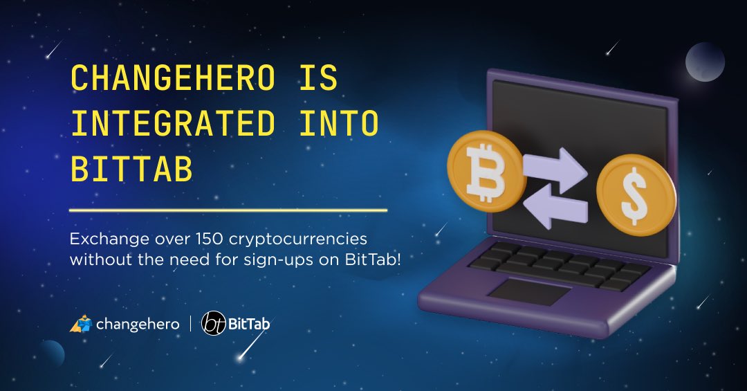 ￼ChangeHero is integrated on @BitTabApp! 🚀 This integration allows BitTab users to swap tokens hassle-free, 24/7, without the need for registration, all while enjoying the most advantageous rates. No more hunting for the best rate – exchange coins easily! 🔥 #CHPartners