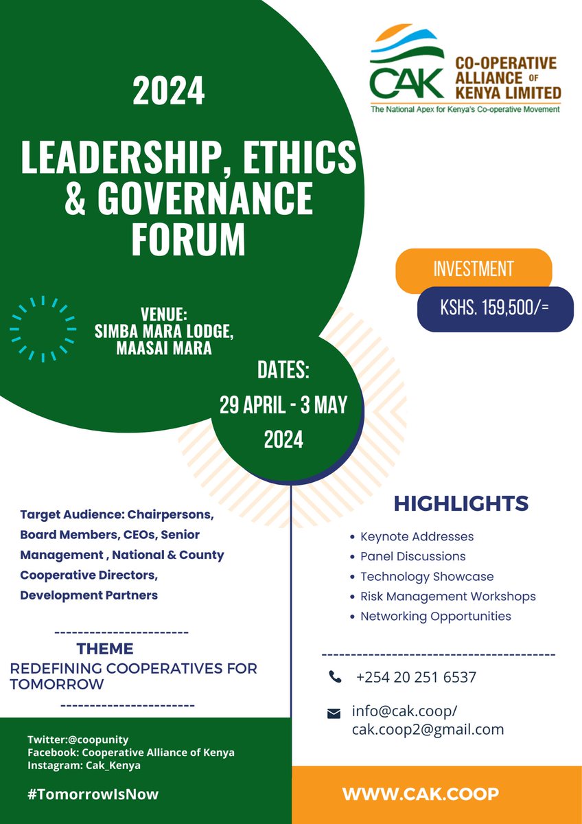 Have you signed up for our 2024 Leadership, Ethics and Governance Forum? Looking at Cooperatives of the future and emerging trends? Look no further, #TomorrowIsNow Sign up today via: rb.gy/6w9vzo OR Visit cak.coop