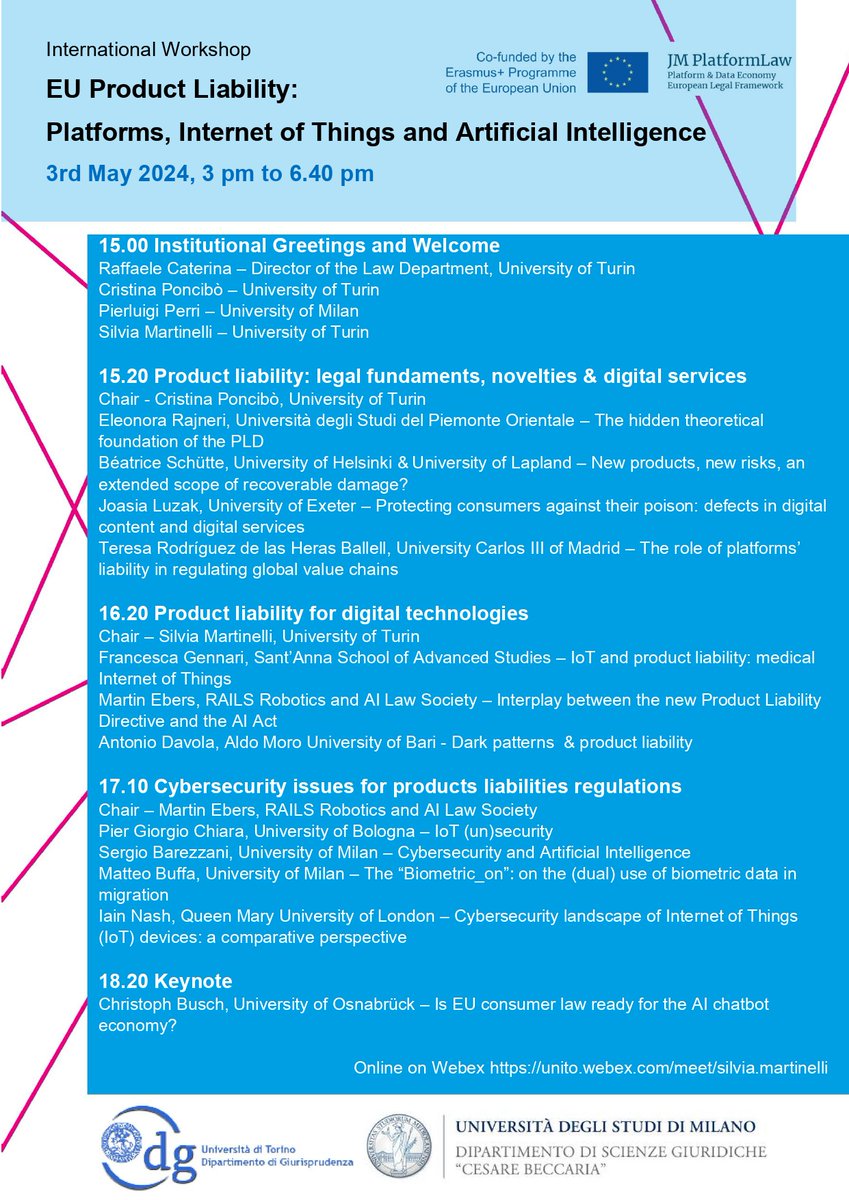 Silvia_Mar_'s tweet photo. Happy to share the flyer of our Workshop: "EU Product Liability: Platforms, Internet of Things and Artificial Intelligence" part of the JM PlatformLaw
📅 3rd May 2024, 3 pm to 6.40 pm
#platfomlaw #onlineplatforms #digitalservices #IoT #AI #productliability #unito #unimi https://t.co/kdEQeX43Nk
