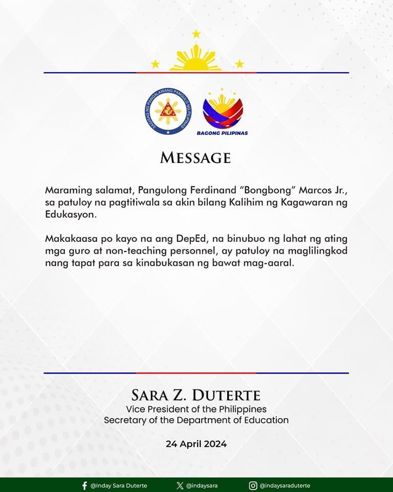 READ: Statement of Vice President and DepEd Secretary Sara Duterte after President Ferdinand R. Marcos Jr. said that she will stay as the DepEd chief. | via Kenneth Paciente RELATED STORY: ptvnews.ph/pbbm-defends-s…