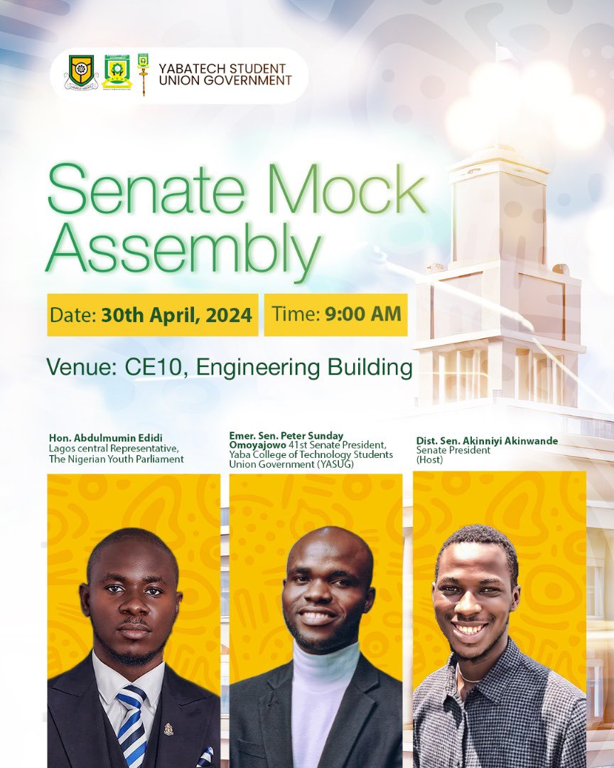 yasug_sc's tweet photo. 🔔 OFFICIAL NOTIFICATION 🔔

To: All Senators.
All Students

Good day Distinguished Colleagues,

This is to inform you all that the *SENATE MOCK ASSEMBLY AND FIRST PLENARY SESSION* will be held as scheduled below: https://t.co/JbYGBooCkX