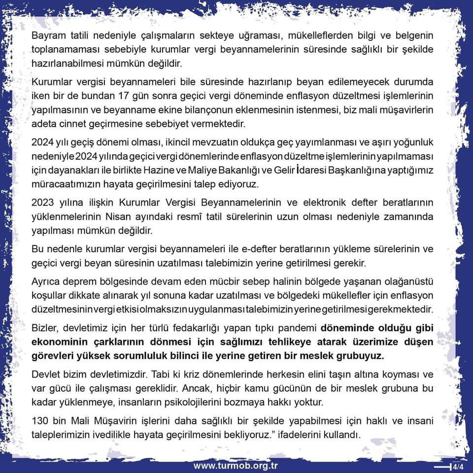 Mali Müşavirlerin iş yükünü hafifletecek çözümler acilen hayata geçirilmelidir!

#MaliMüşavirlerinSesineKulakVerin

👉 turmob.info/4aNMoQw
@turmob 
@KartalogluEmre 
@HMBakanligi
@gibsosyalmedya
#türmob