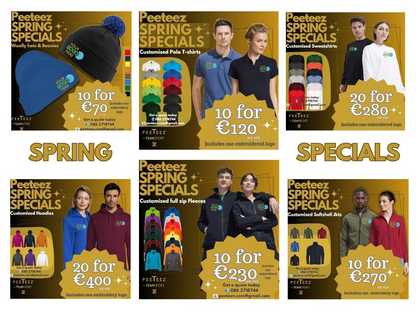 Spring clean your biz &amp; order new uniforms for the crew! Peeteez SPRING SPECIALS have something for every biz.

Chat to our Team about your requirements! 
📲 086 2718744 
📧 peeteez.com@gmail.com