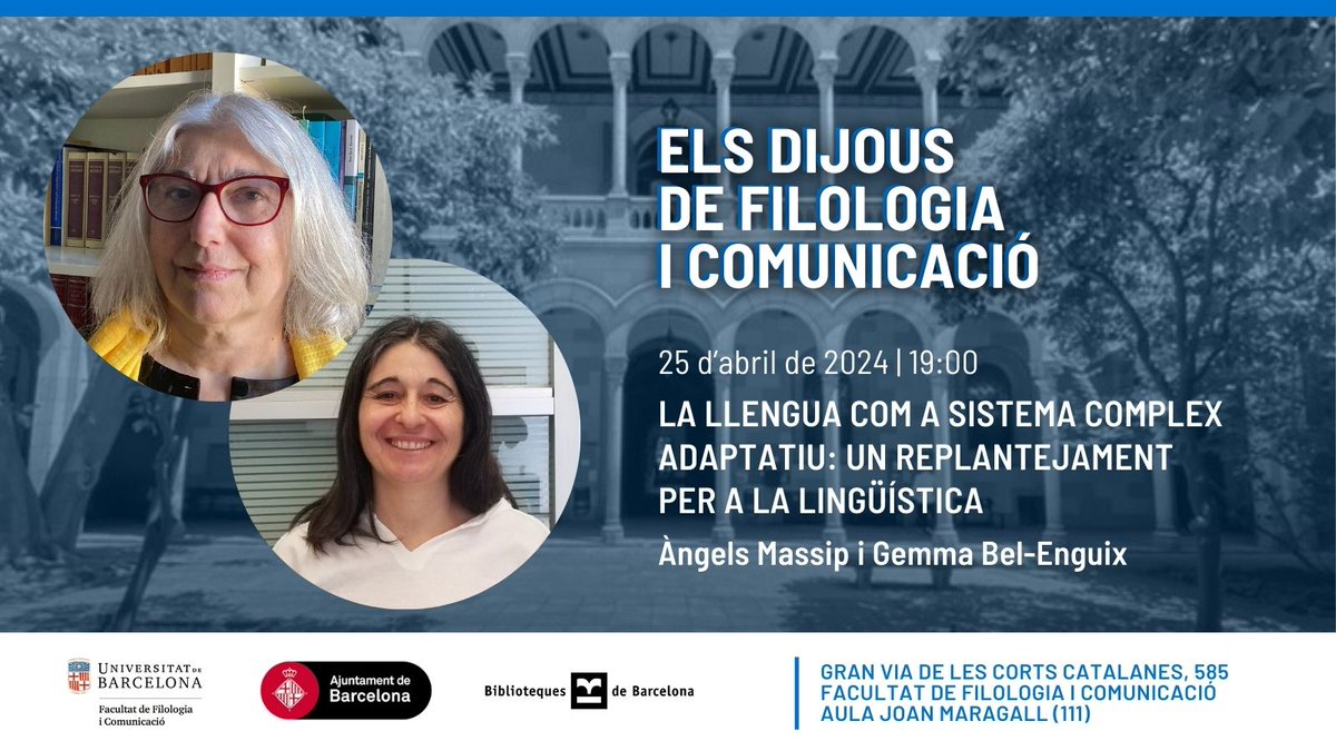 FilComUB's tweet photo. #Agenda | Demà la #FilComUB organitza una nova sessió dels #DijousFilComUB.
👥«La llengua com a sistema complex adaptatiu: un replantejament per a la lingüística», a càrrec d'Àngels Massip i Gemma Bel-Enguix (@BelEnguix).
⏰19.00
📍Aula Joan Maragall
Us hi esperem! https://t.co/8a56VckyU5