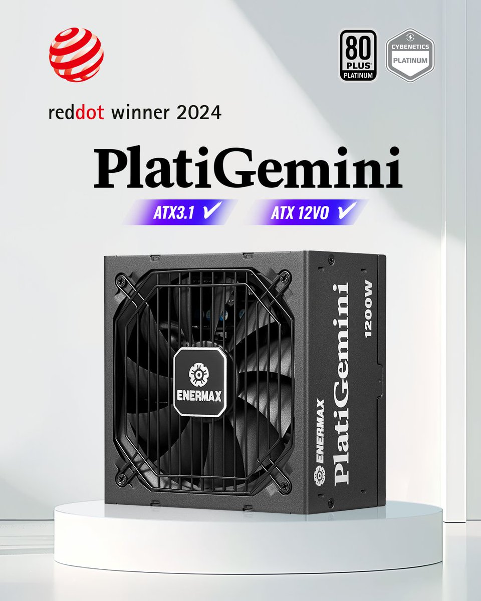 OfficialENERMAX's tweet photo. 🎉ENERMAX Wins the 2024 Red Dot Design Award with PlatiGemini 1200W, The World’s First* 80 PLUS &amp; Cybenetics Platinum PSU with ATX 3.1 and ATX12VO Standard! 🏆 #readyforfuture

🔗*To learn more visit: https://t.co/3k0vWehzz6

#ENERMAX #powersupply #pc #computer #reddot
#award https://t.co/gq7sbviB7R