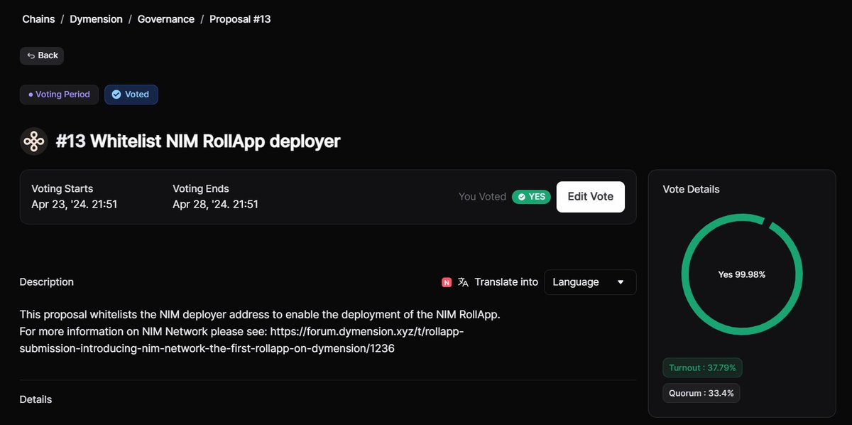 FrauBelz's tweet photo. So $NIM will be the 1st of many roll apps on Dymension.
Voting ends on the 28th of April so that means we are getting our airdrop as well on that date or maybe the following day.
I wonder how this affects the price of $DYM. https://t.co/UVcMW3s5iv