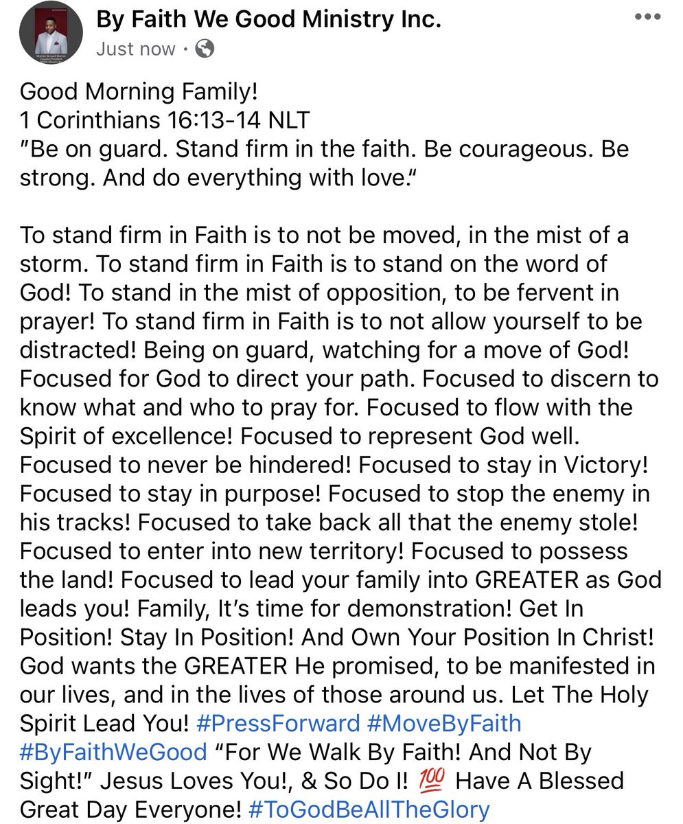 Good Morning Family! 
Get In Position! Stay In Position! And Own Your Position In Christ! Stay Focused! Let The Holy Spirit Lead You!

#ByFaithWeGood #InspirationalPost #MorningEncouragement #StayFocused