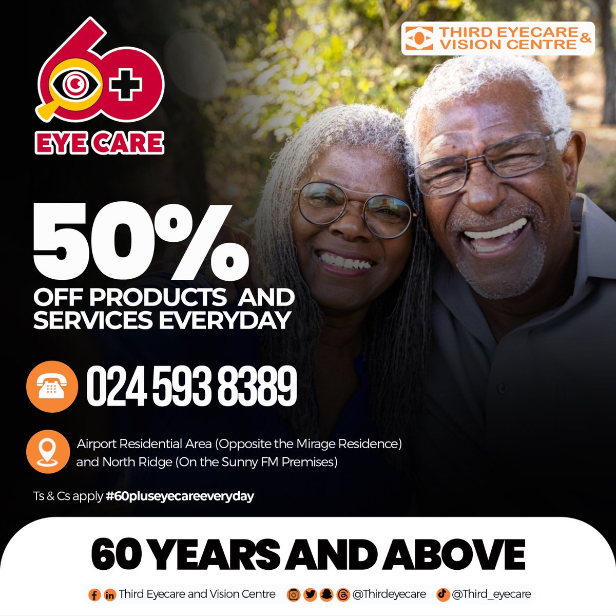 60 PLUS EYE CARE is now an everyday thing!!!!!! ● 50% discount off Glasses and Services. Location: North Ridge (On the Sunny FM premises) and Airport Residential (Opposite Mirage Residence). for 60 YEARS AND ABOVE! #thirdeyecare #60pluseyecareeveryday #april2024