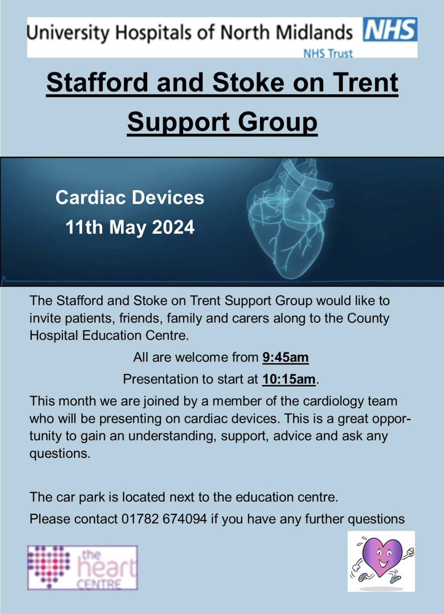 11th May 2024 - Stafford and Stoke on Trent Support Group. Our brilliant Cardiac Physiologist Team will be joining us to present and take your questions. All are welcome to attend @220UHNM @ccu_uhnm @221Cardiology @UHNM_NHS @UHNM_CTU