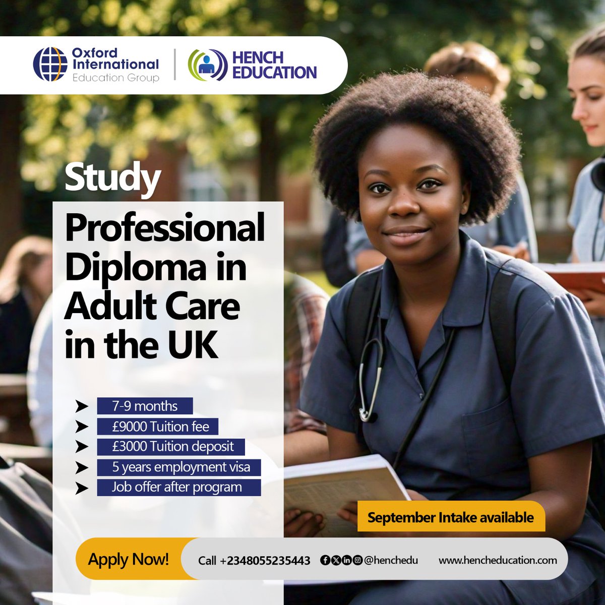 Become a UK certified care giver in the UK in 9 months!

Get a job offer + 5 years employment visa right after the program and all for £9,000.

September 2024 intake ongoing!

Apply Now!

#hencheducation  
#overseaseducationconsultant  #studyabroad #caregiver #uk #us #canada